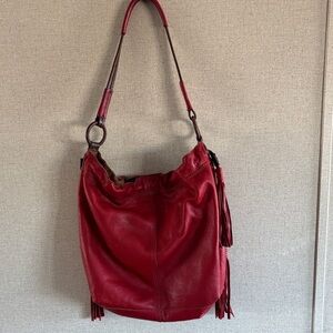 Lucky Brand Red Leather Fringe Hobo Shoulder Bag Boho Western Tassel Slouchy